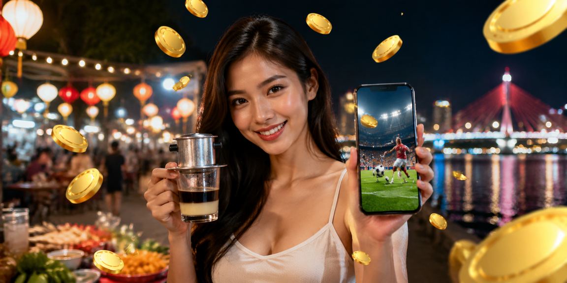 Người dùng tại Đà Nẵng ngồi uống cà phê theo dõi thể thao và kiểm tra cấp độ VIP trên điện thoại