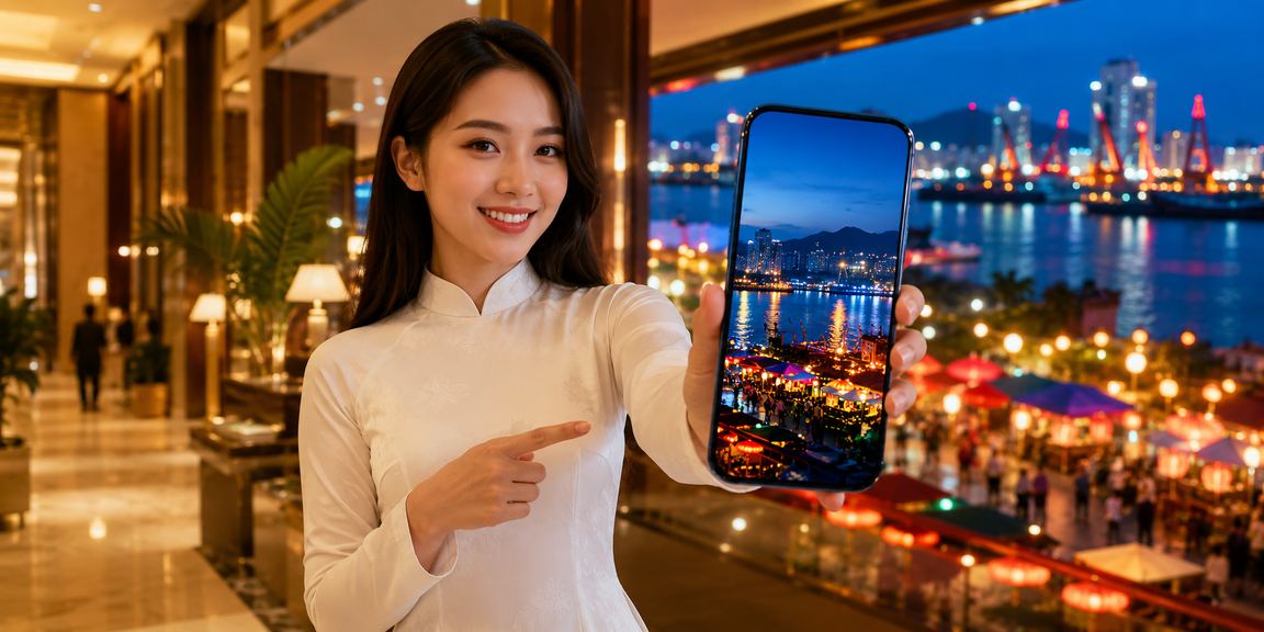 Người phụ nữ mặc áo dài tại Hải Phòng theo dõi kèo thể thao trực tuyến trên điện thoại