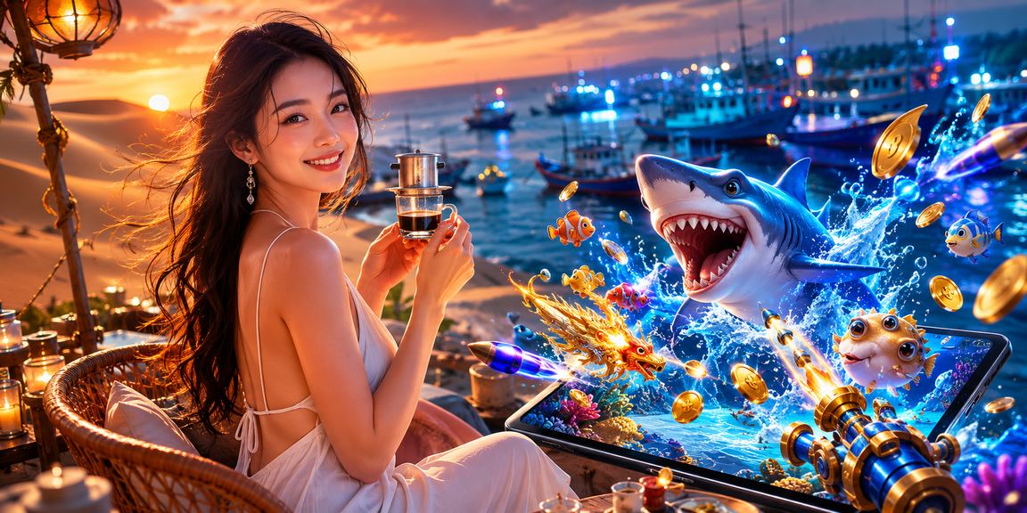 Người dùng tại Mũi Né ngồi uống cà phê và chơi game bắn cá trực tuyến trên điện thoại trong không khí nghỉ dưỡng