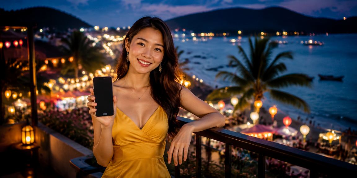 Người dùng tại chợ đêm Phú Quốc mở điện thoại xem giá trị jackpot tích lũy và các trò chơi casino